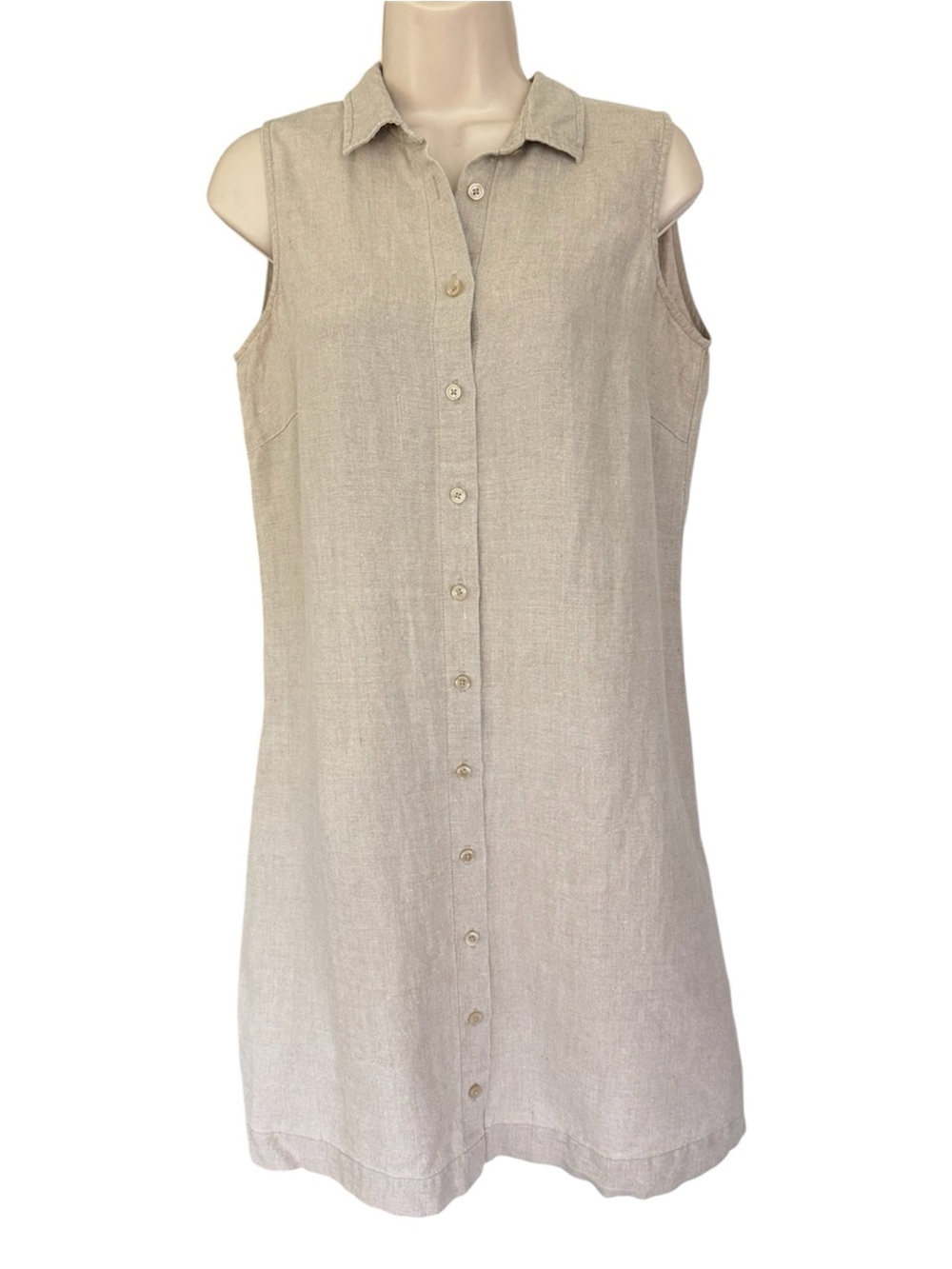 Garnet Hill Women’s Flax Beige Linen Sleeveless Button Front Shirt Dress 6